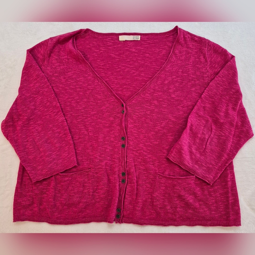 Eileen Fisher Linen Blend Marled Cropped Cardigan 3/4 Sleeves Women Pink  Fits L